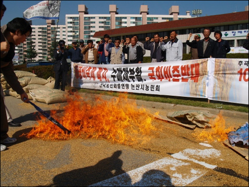 17일 11시, 논산시농민회 소속 회원들이 논산시청앞에 벼 가마를 쌓고 이중 일부를 불태우고 있다. 